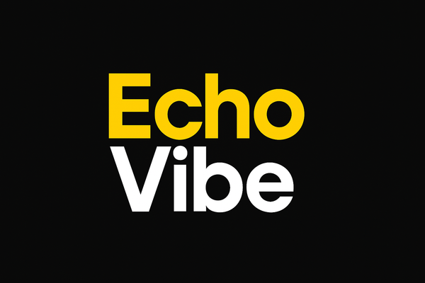 create a logo of Echo Vibe and background colour is black and Echo colour is yellow and Vibe colour is white
